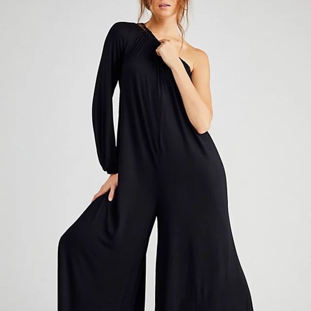 Free People Black One-Shoulder Wide-Leg Jumpsuit
